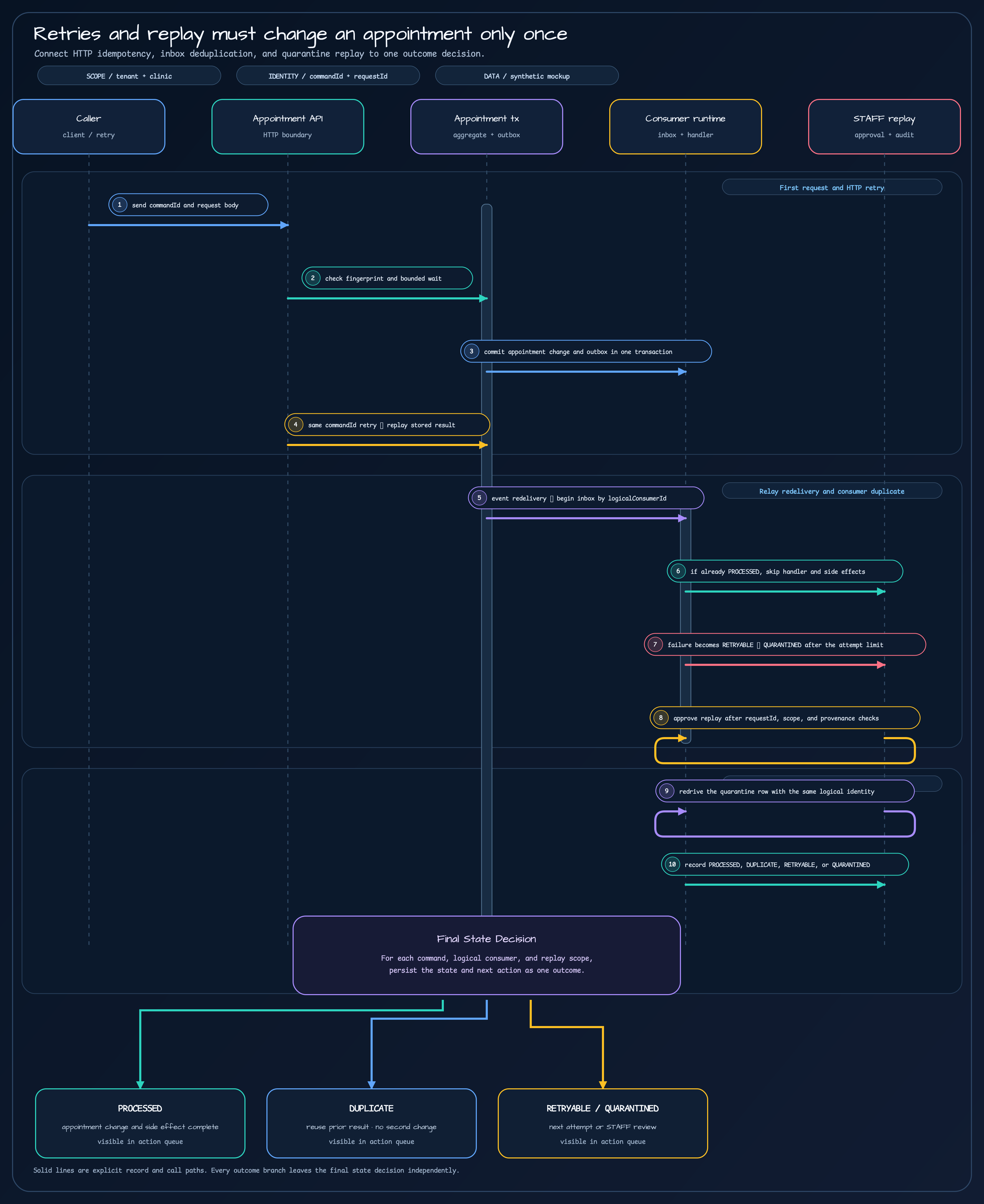 A sequence diagram showing the caller, appointment API, appointment transaction, consumer runtime, and STAFF replay checking the Idempotency-Key fingerprint, committing the appointment and outbox, handling redelivery and inbox duplicates, approving quarantine replay, and making a final state decision
