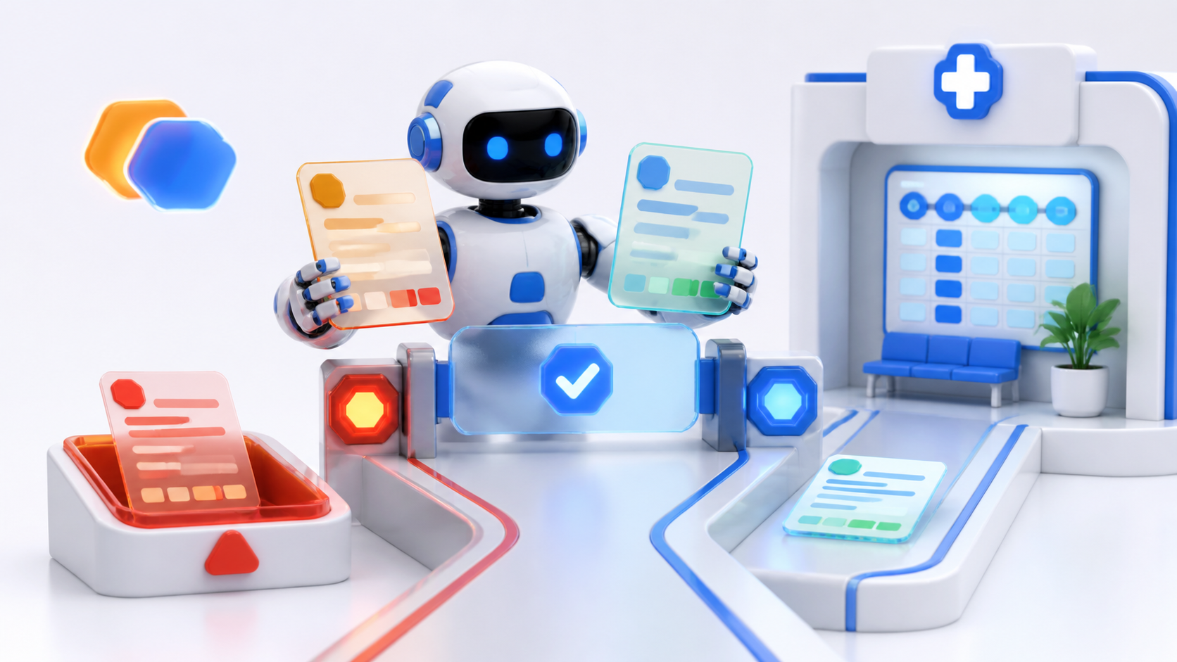 A blue 3D robot sending the version-matched schedule card through a gate while diverting a stale card to quarantine