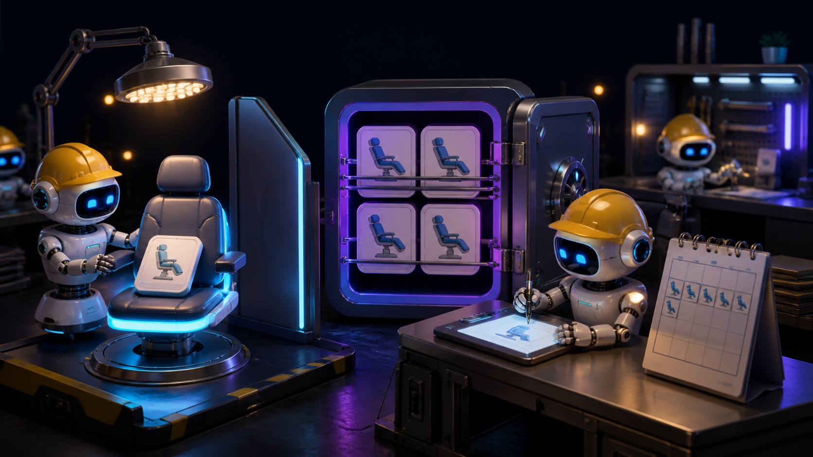 Small robot workers connect a five-visit product, an AppointmentPlan, one confirmed visit, completion evidence, and a remaining-rights ledger on one workbench