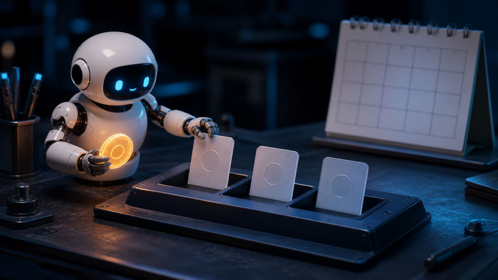 A robot receiving a purchase token and placing three unscheduled visit cards into a plan tray while leaving the calendar empty