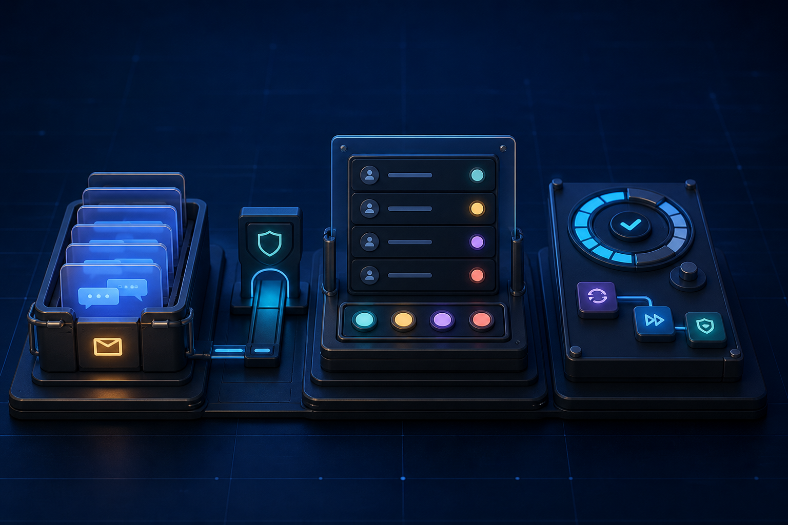 An abstract operations bench separating a notification outbox, a STAFF action queue, and a reminder recovery module