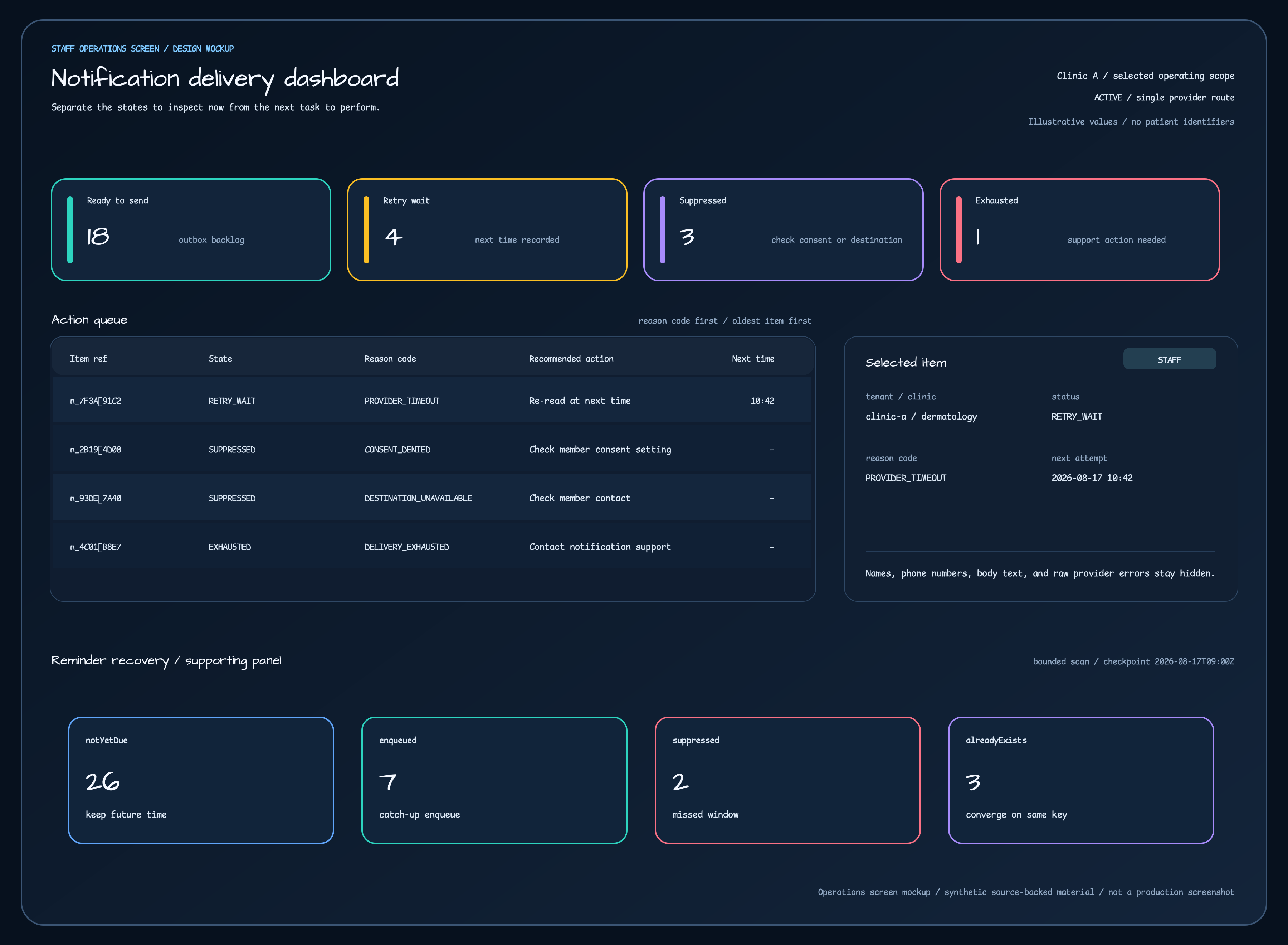 A STAFF operations screen showing ready, retry wait, suppressed, and exhausted metrics, a notification action queue, safe status and reason details for an anonymous selected item, and reminder recovery outcomes