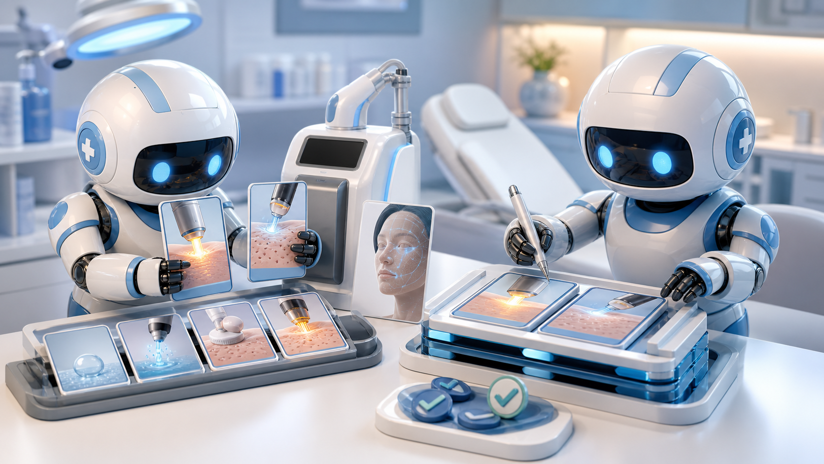 Two robots verify two selected treatments after a skin diagnosis and record them in a visit-plan revision tray