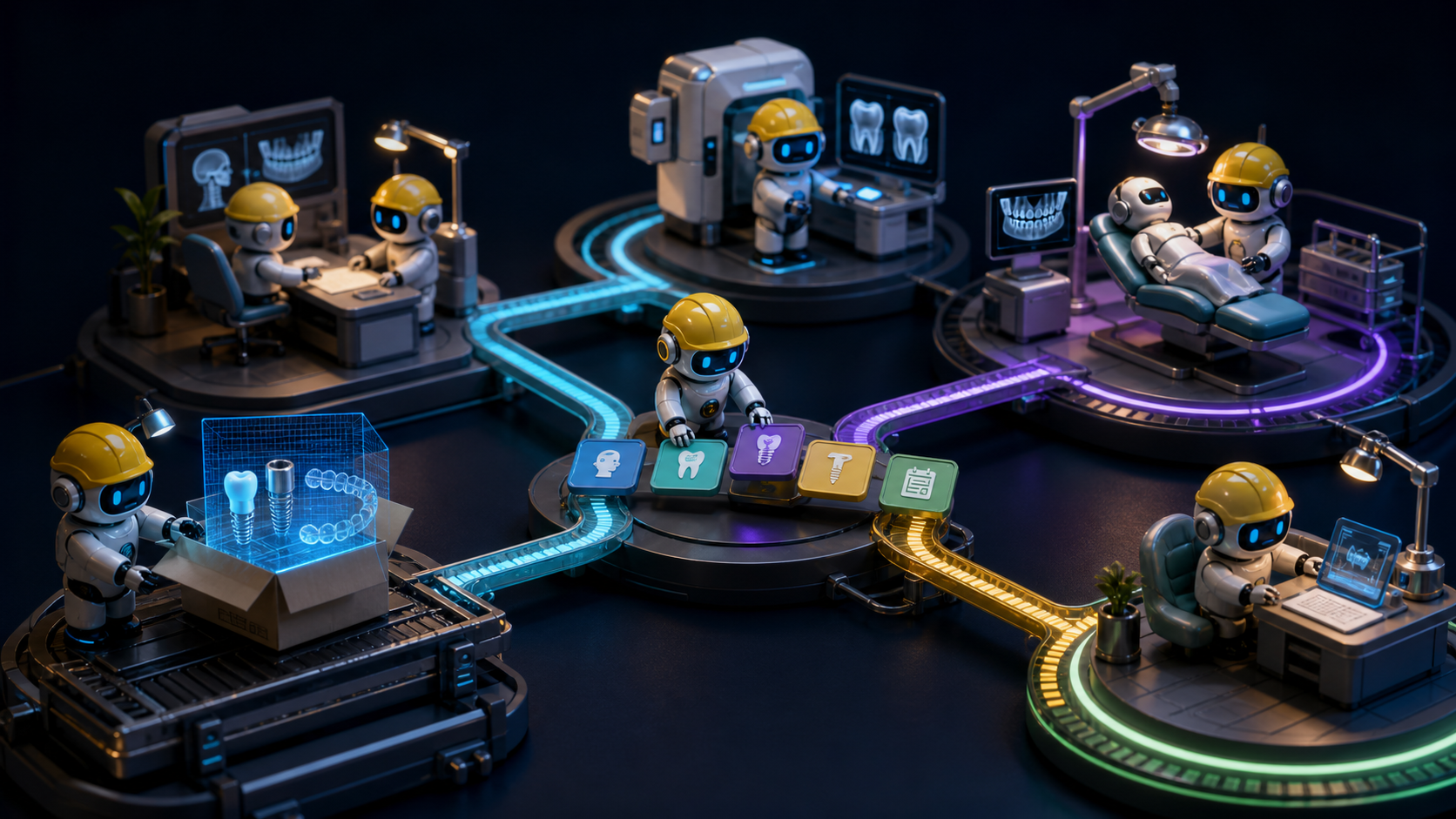 Small robotic builders connect package components, predecessor relationships, visit candidates, and resource requirements into one execution graph
