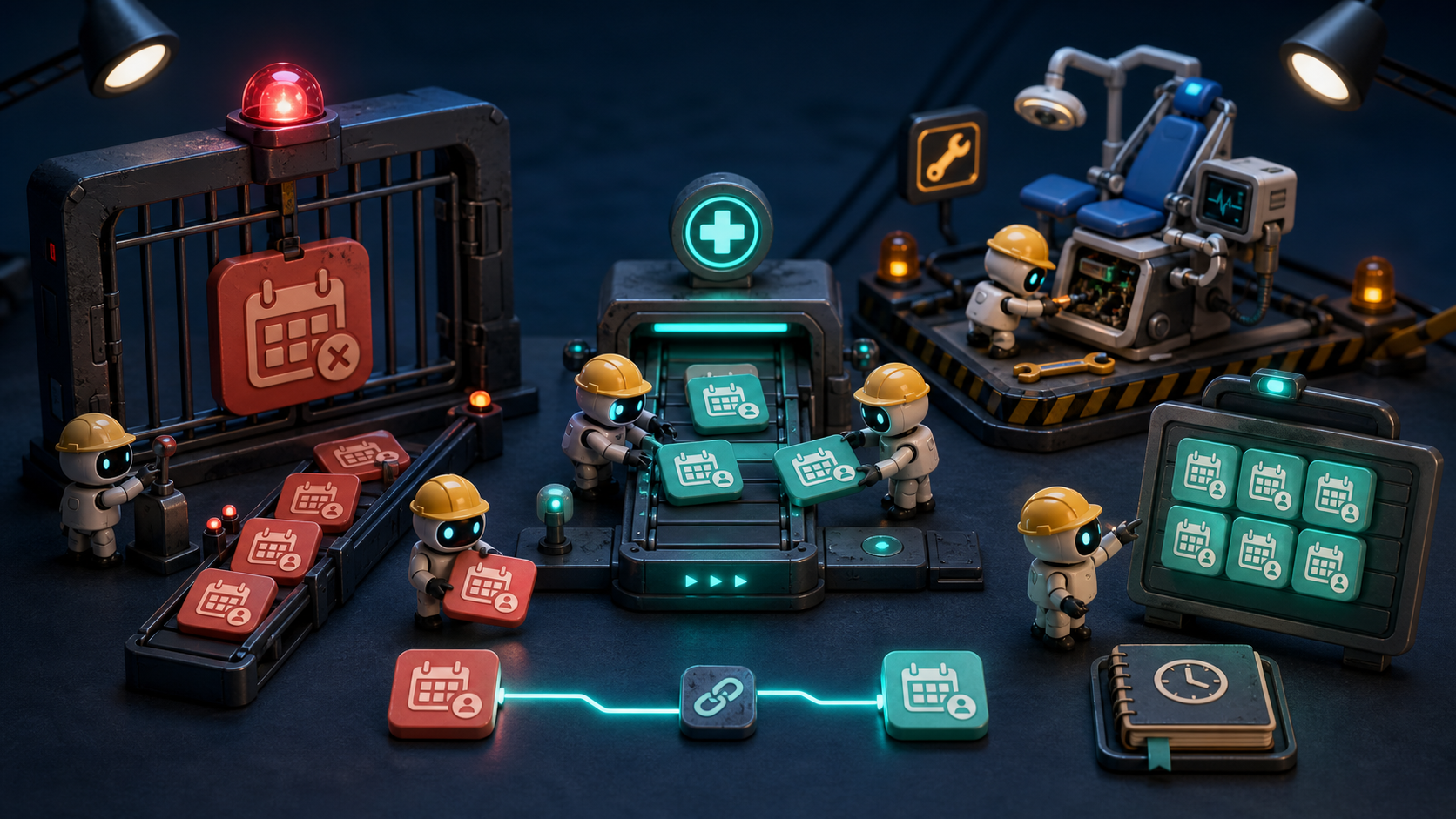 Small robotic workers move red appointment tiles from a closed clinic schedule and broken medical equipment through a rescheduling conveyor into a new schedule board on a dark miniature workbench