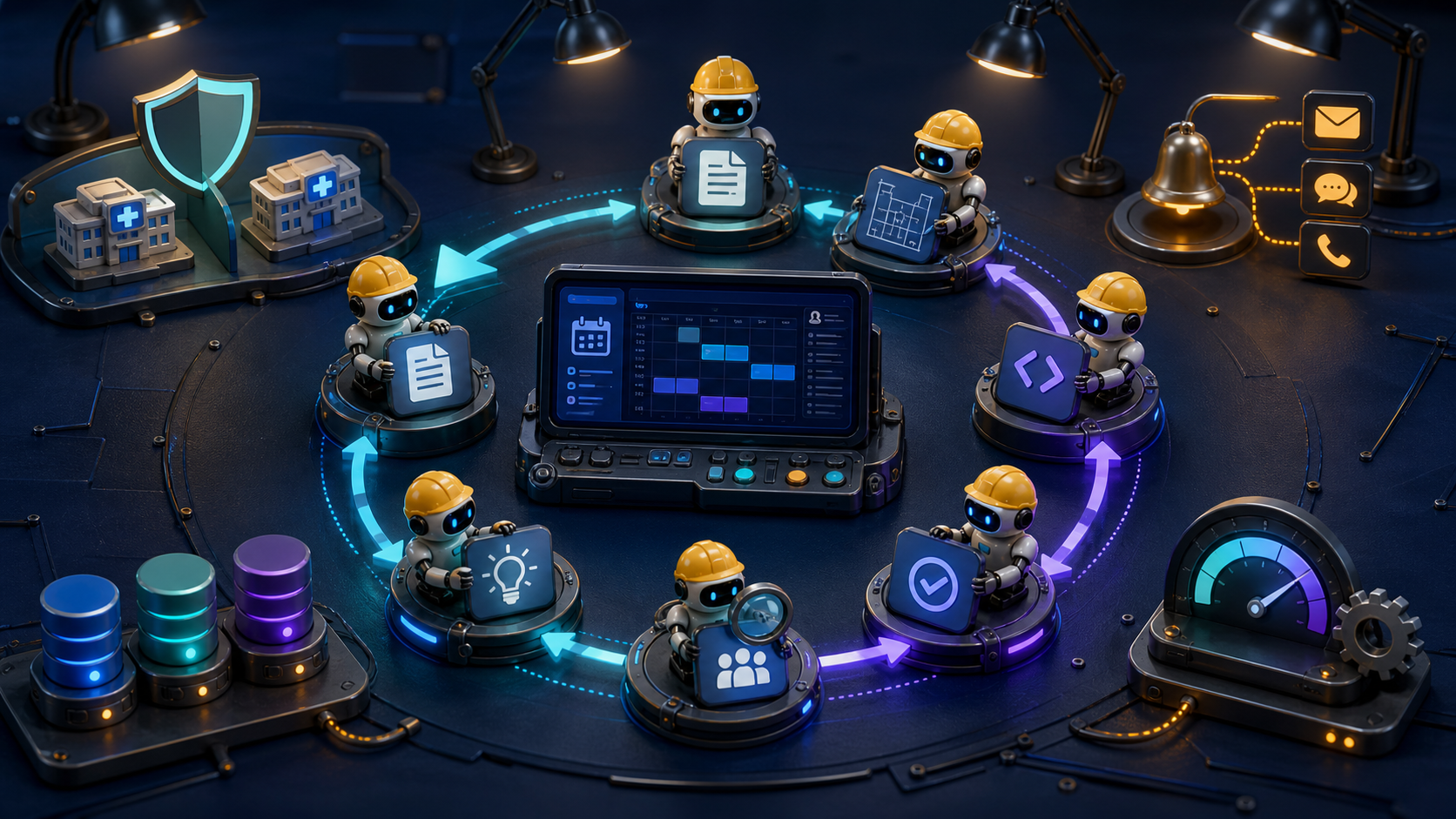 Small robot engineers circulate requirements, design, implementation, tests, review, and lessons around a dark miniature workbench while tenant security, notifications, databases, and performance signals feed the next cycle