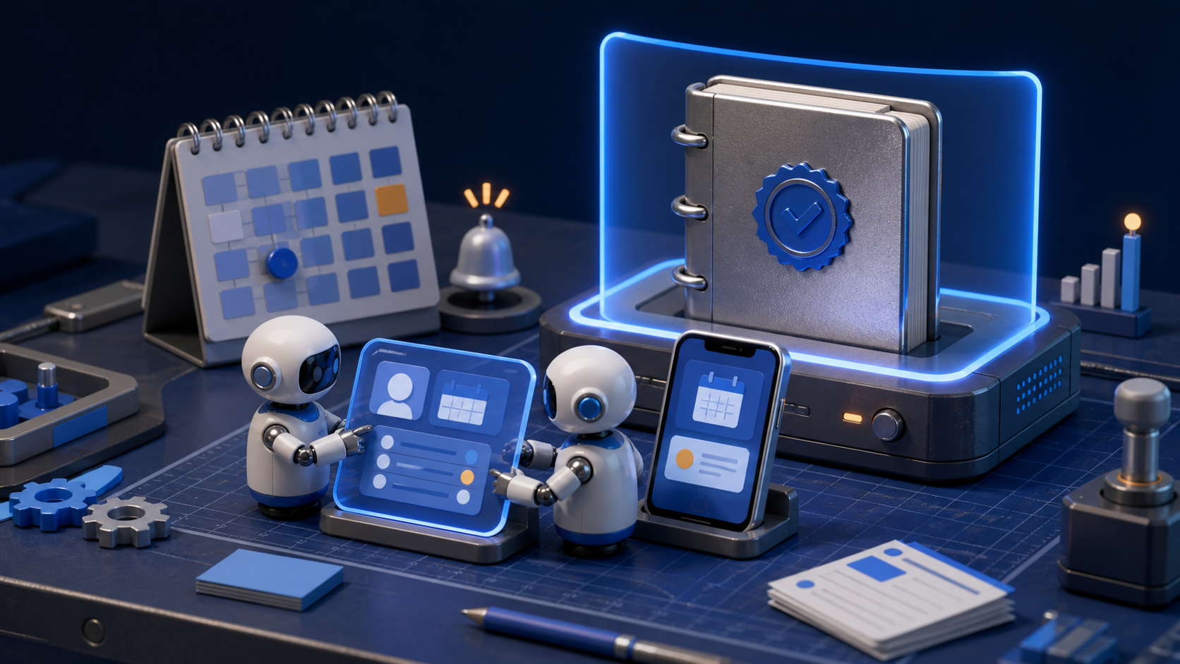 Small robot workers reviewing an authoritative appointment ledger beside patient portal and mobile screens on a dark workbench