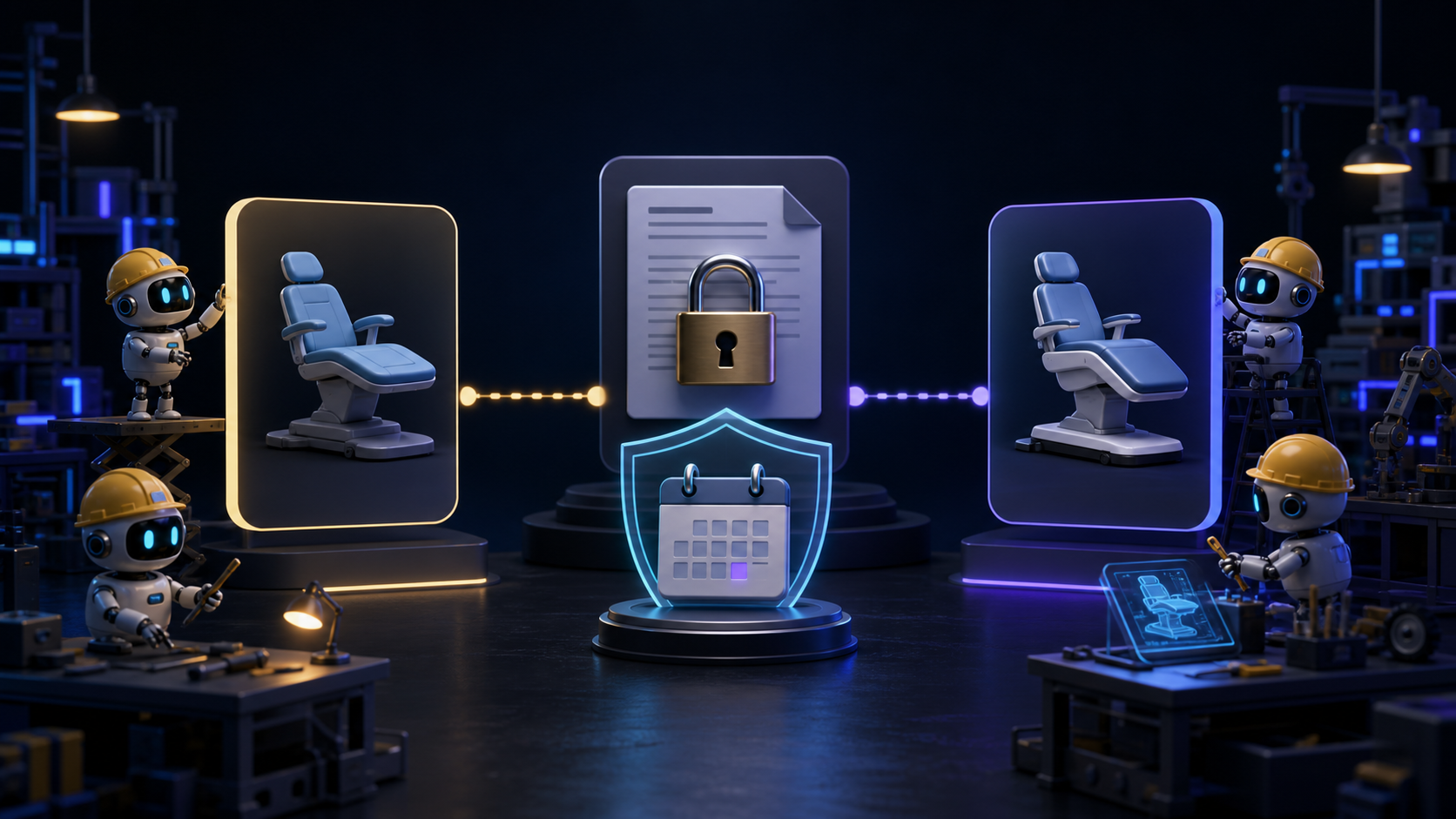 Small robotic builders connect product v1 and v2 cards, a purchase snapshot, a plan revision, and a confirmed visit promise on one time axis