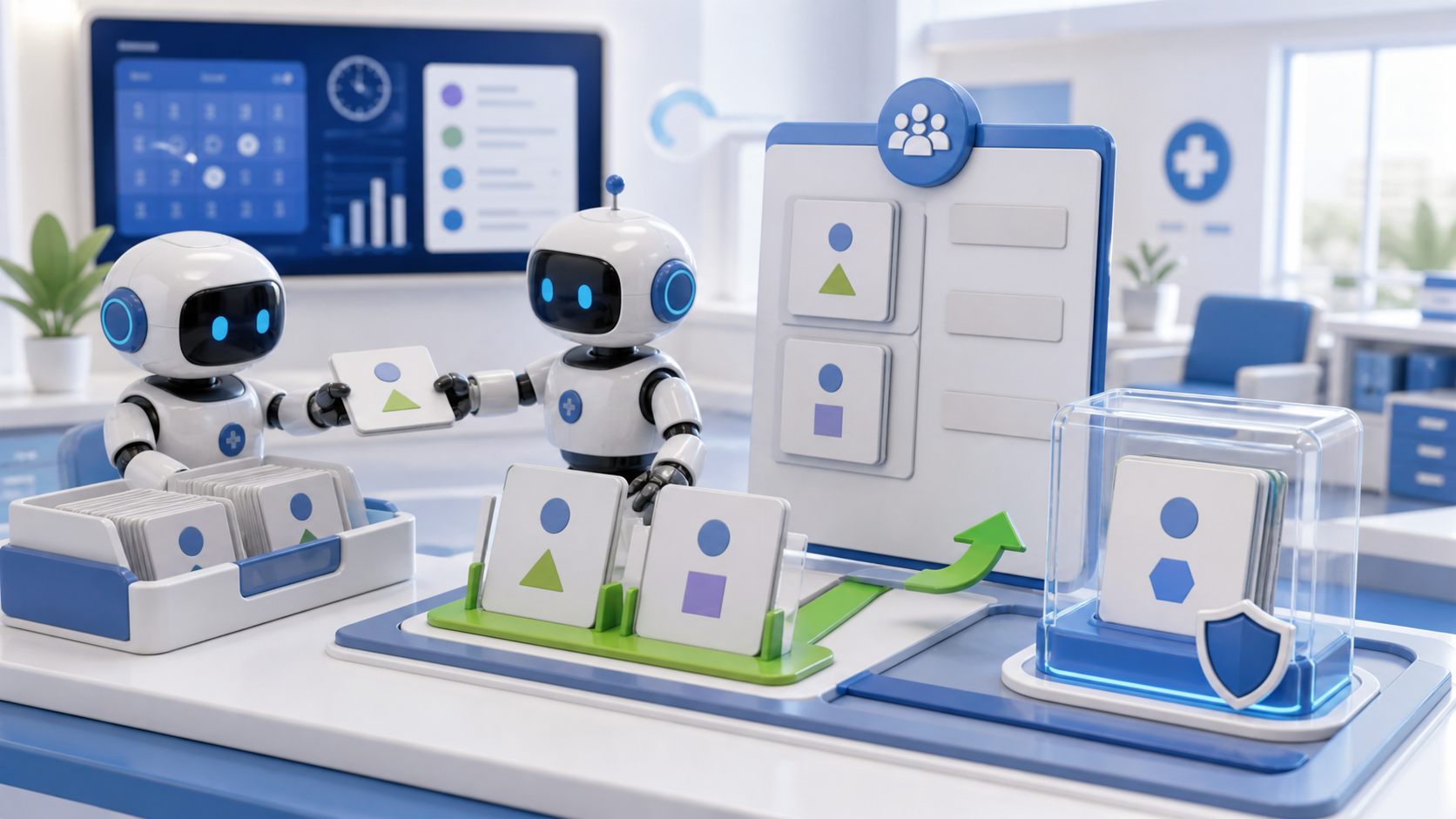 A robot operator separates reevaluable appointment cards from protected confirmed commitments after receiving a CRM change signal