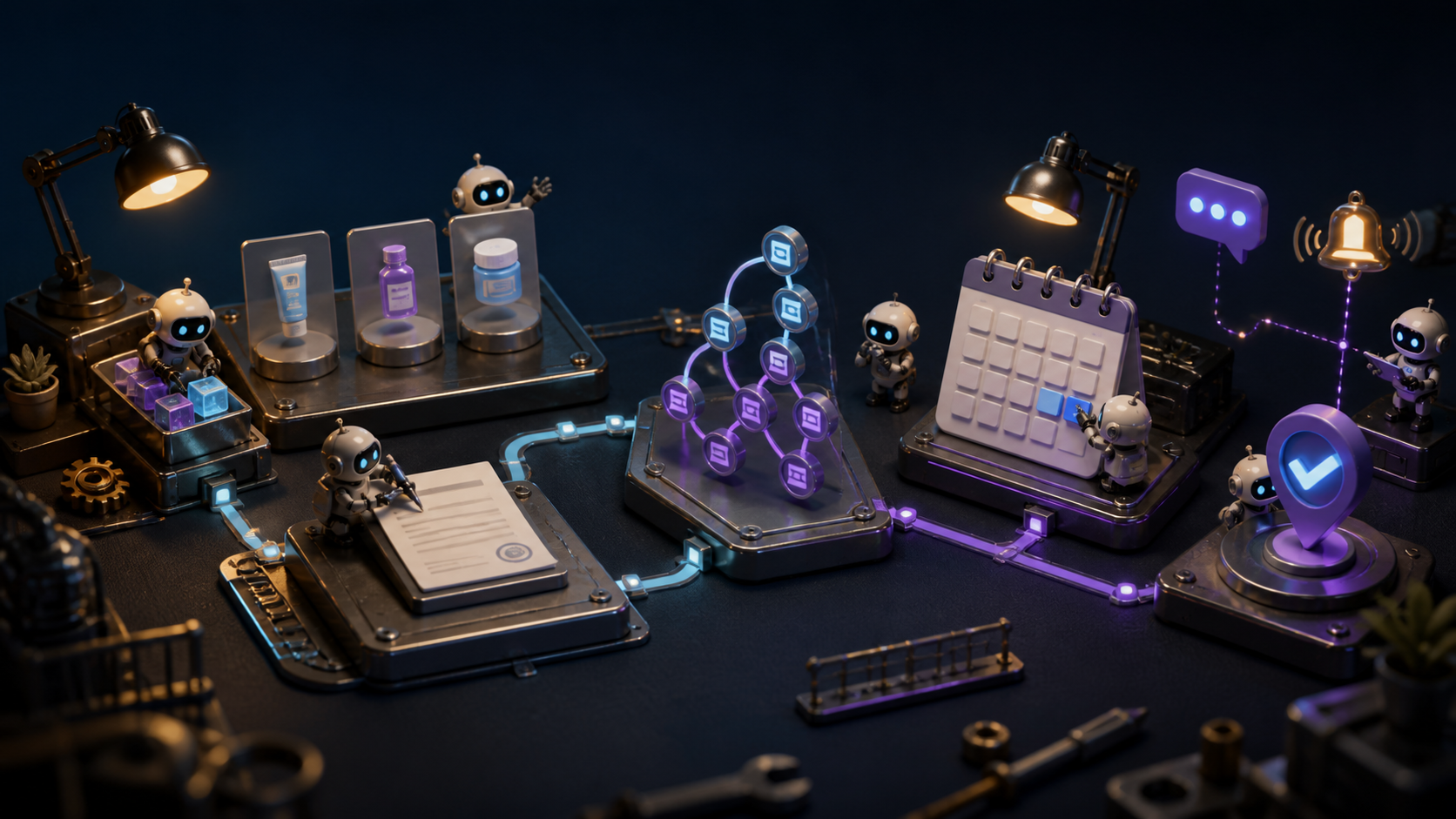 Small robotic builders connect product cards, a purchase document, a treatment plan graph, an appointment calendar, and counseling and notification signals on one workbench