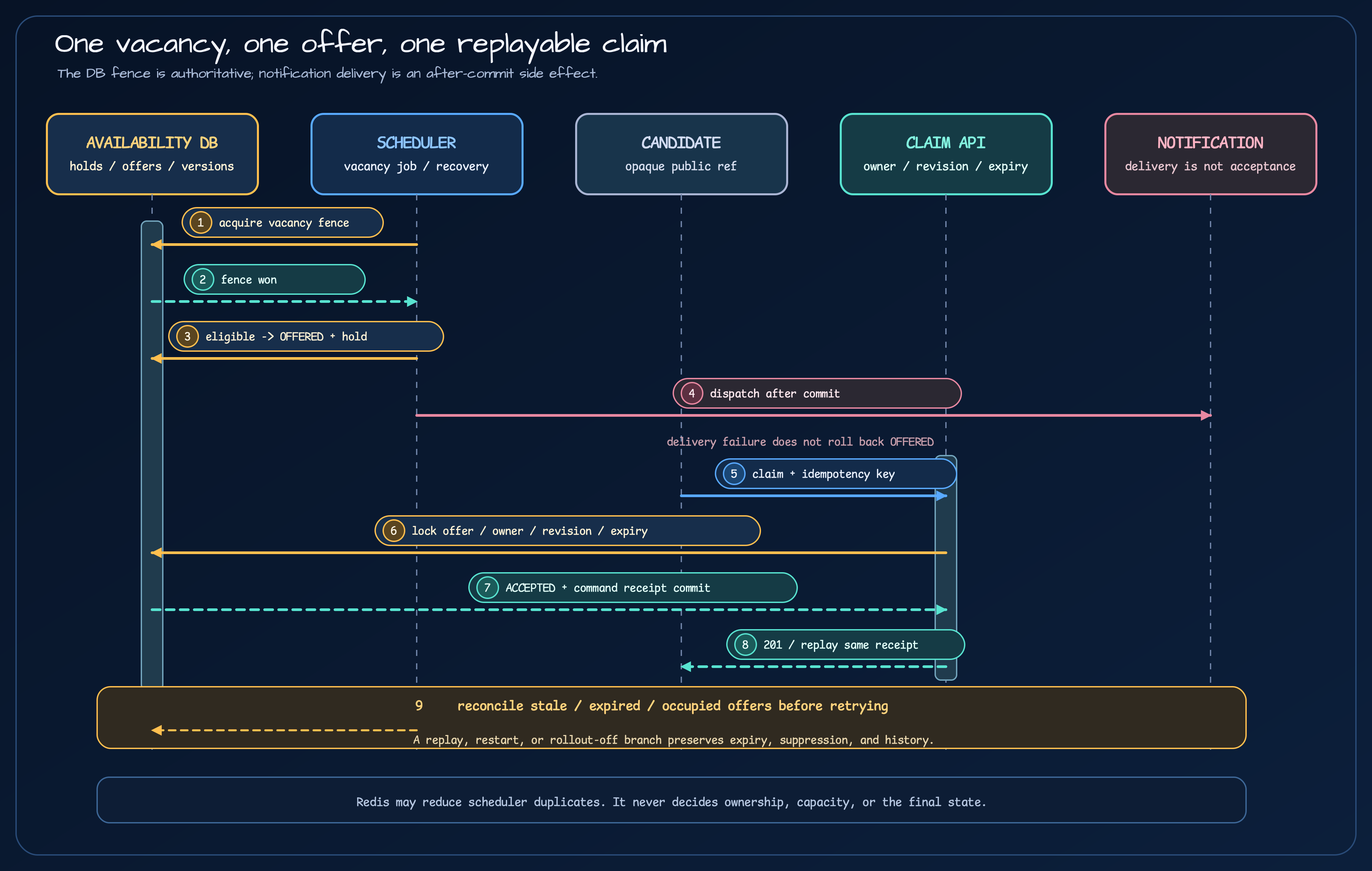 The availability database obtains a vacancy fence and commits one OFFERED hold, notification follows after commit, and the claim API verifies owner, revision, and expiry before recording a replayable ACCEPTED receipt