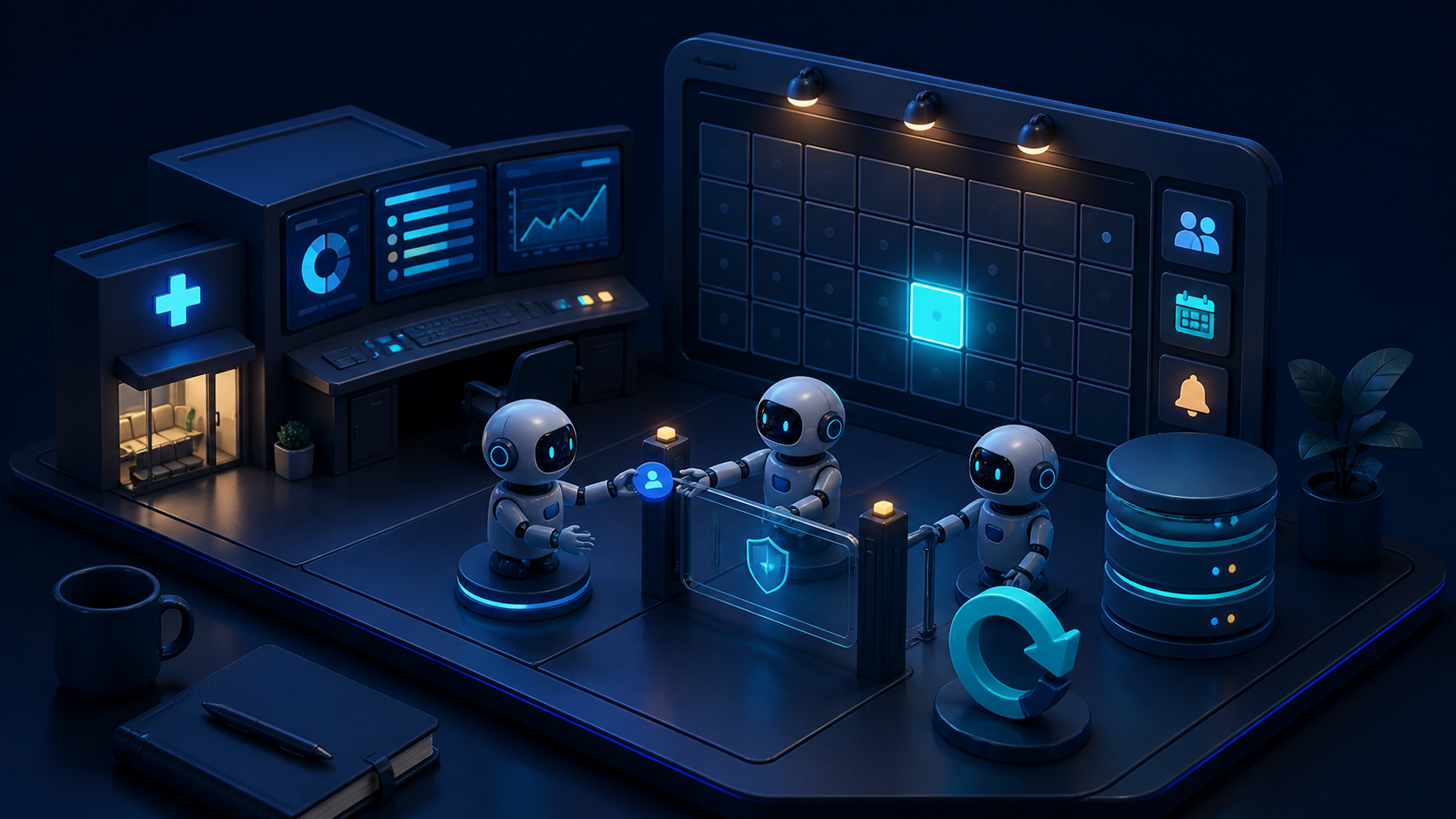 Small robots pass a claim token for a vacant clinic slot through a database fence