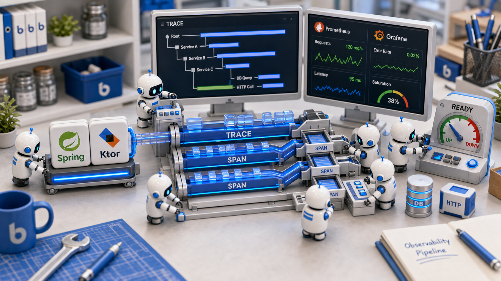 A 3D workbench illustration where small robot workers assemble Spring and Ktor service blocks, coroutine span lanes, a Zipkin trace tree, Prometheus and Grafana dashboards, and a readiness gauge