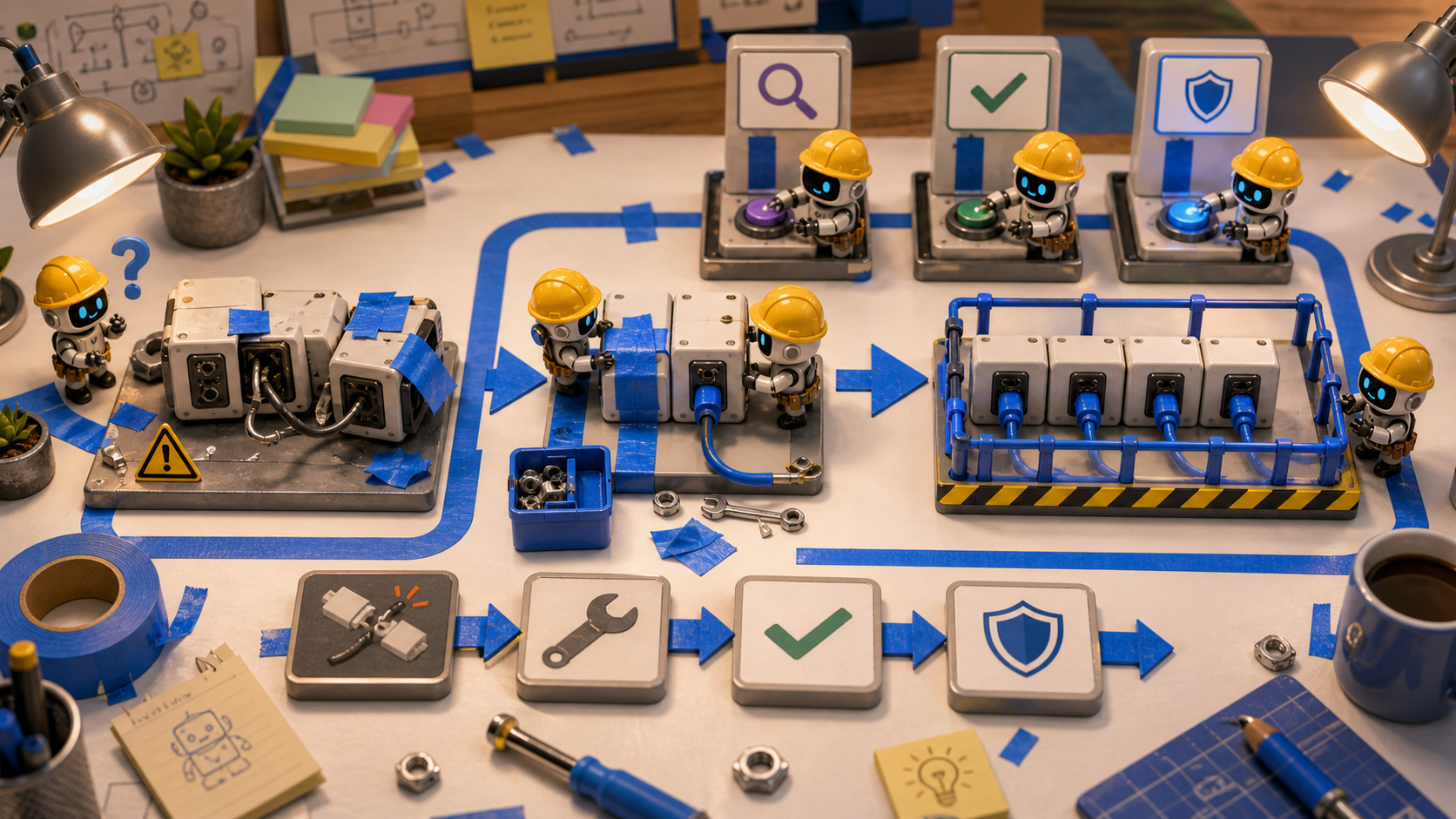 Editorial illustration of bug reports turning into checks and guardrails