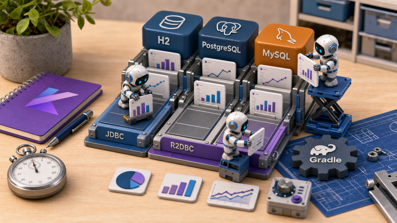 3D workbench illustration where robot builders organize H2, PostgreSQL, MySQL, JDBC, and R2DBC benchmark equipment