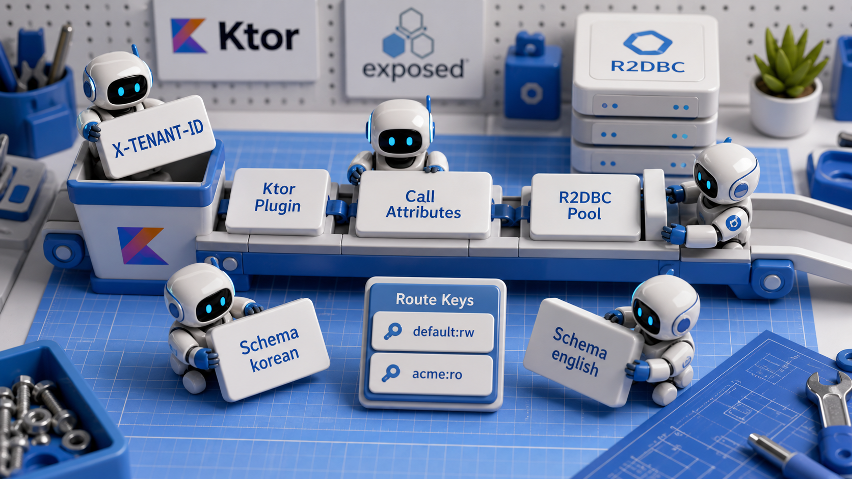 Robotic builders arranging X-TENANT-ID and route key blocks between Ktor, Exposed, and R2DBC components on a 3D workbench
