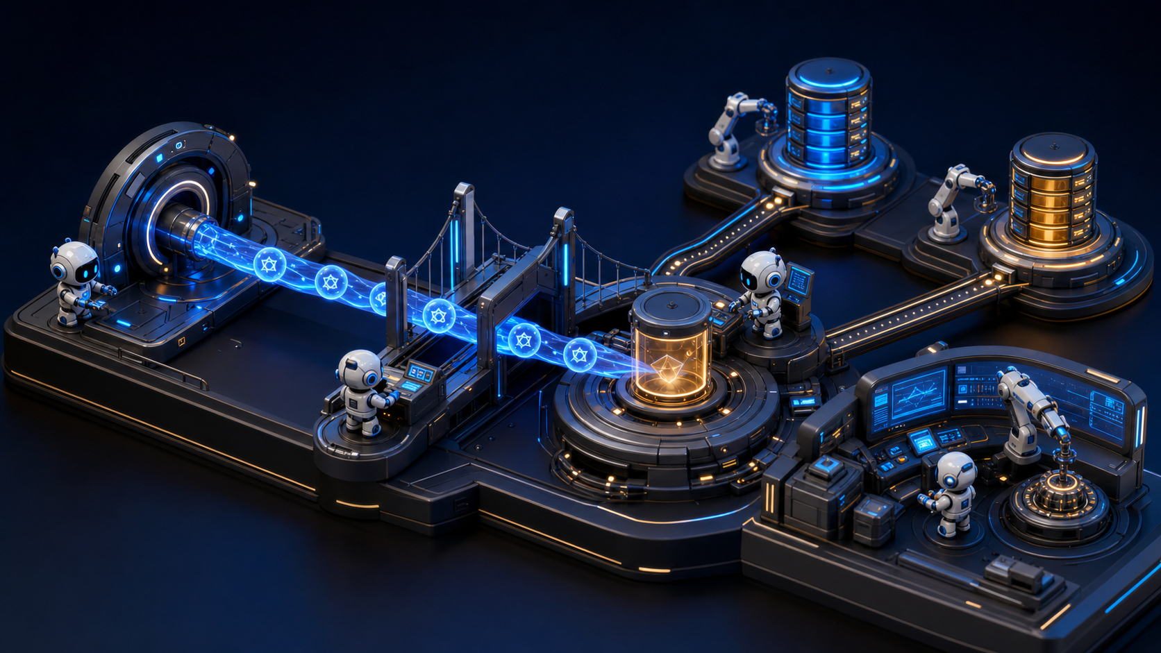 A dark 3D miniature scene where a WebFlux request token moves through Reactor Context and a coroutine workbench to tenant databases and an onboarding control panel