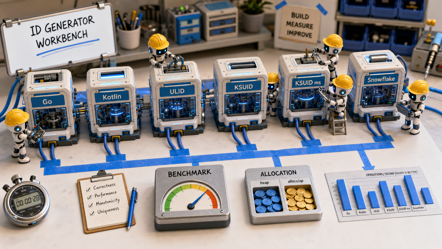 Editorial 3D workbench illustration comparing Go and Kotlin ID generators
