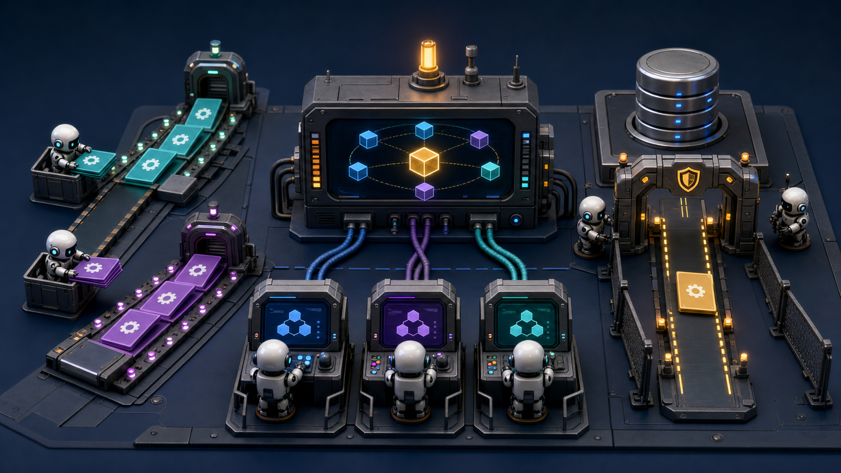 dark 3D miniature workbench where three service nodes coordinate tenant jobs and one migration gate through a central console