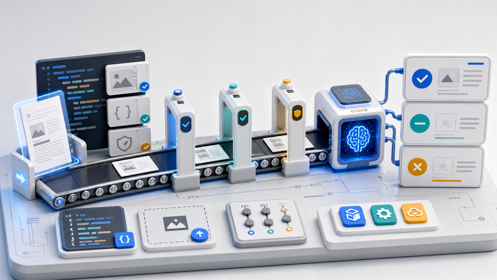 3D illustration of an OCR service workbench with image upload, validation, native OCR execution, completed response, and fallback response panels