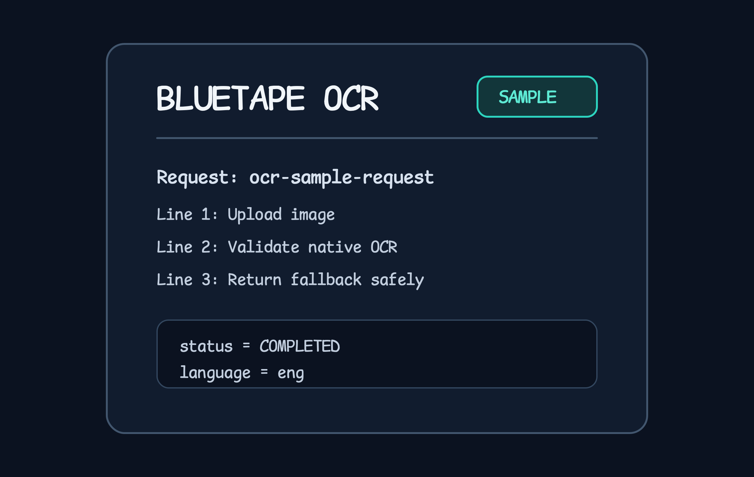 OCR API sample input image with the title BLUETAPE OCR and three document lines