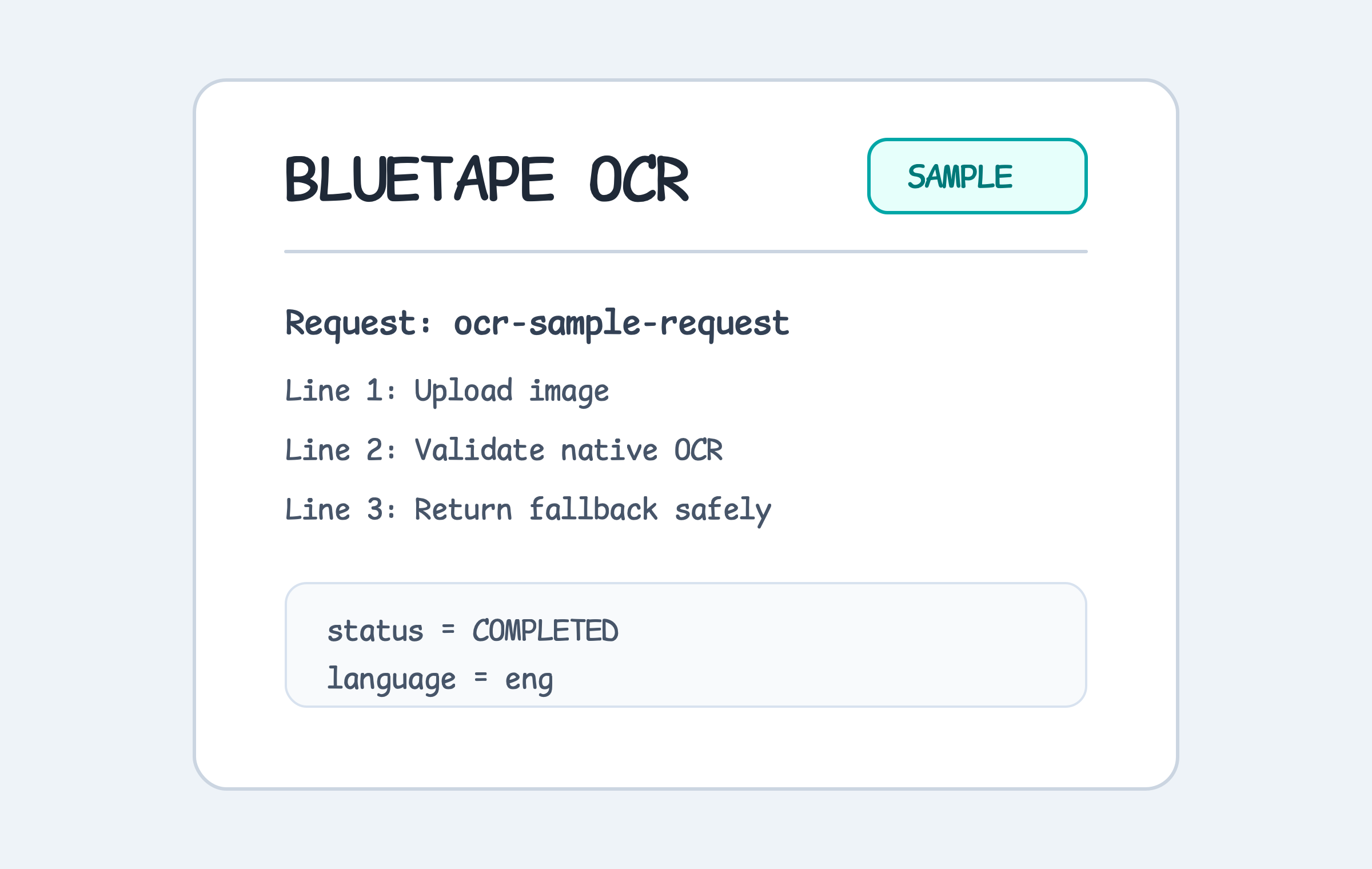 OCR API sample input image with the title BLUETAPE OCR and three document lines