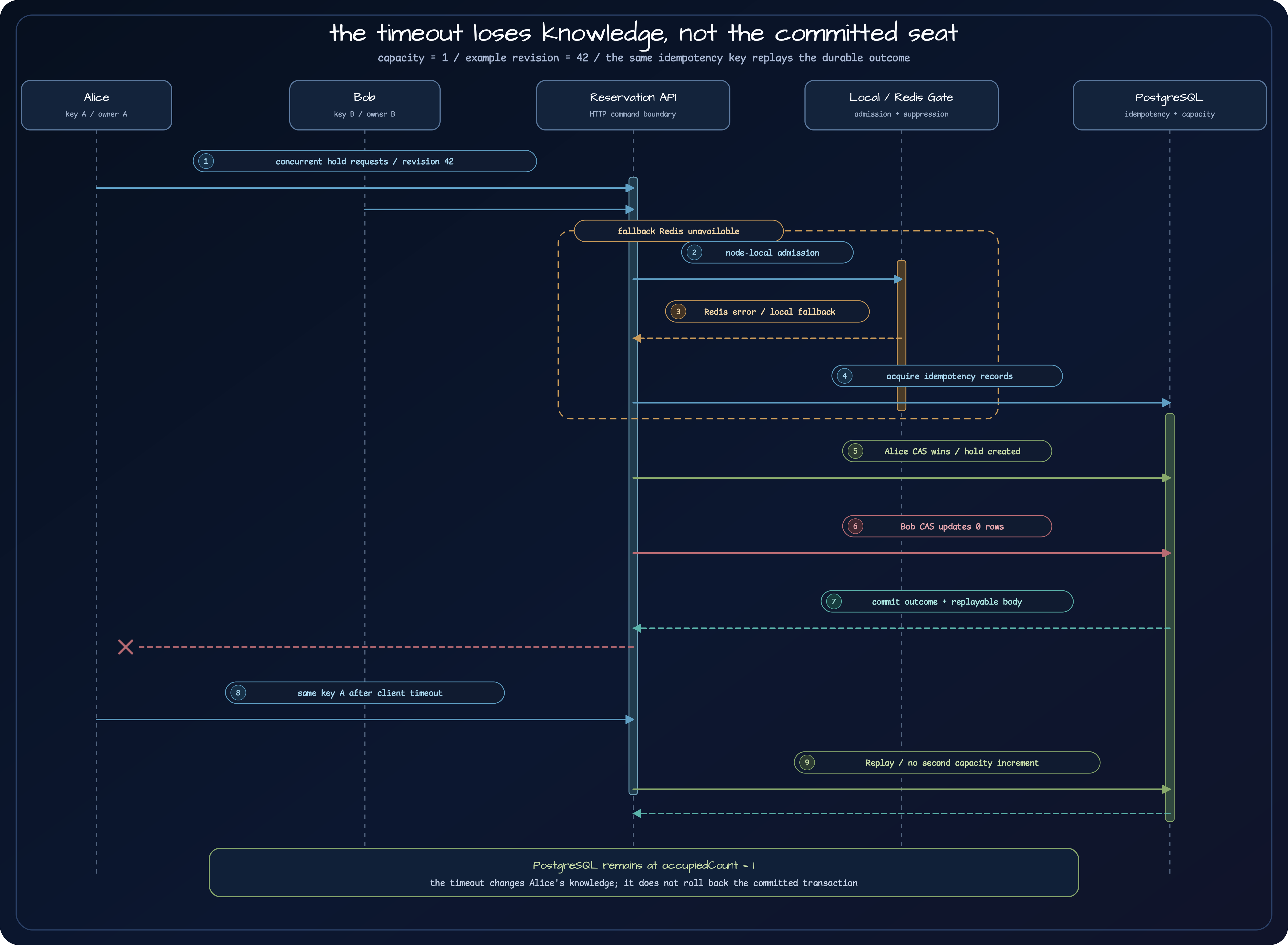 Dark sequence diagram showing Alice and Bob racing for the last slot, local fallback when Redis fails, a PostgreSQL conditional update, timeout, retry with the same idempotency key, and replay