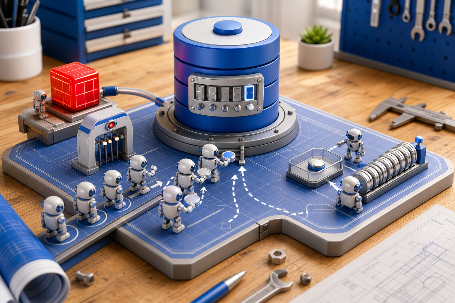 3D miniature workbench where reservation request queues and a Redis advisory gate flow into a PostgreSQL capacity counter