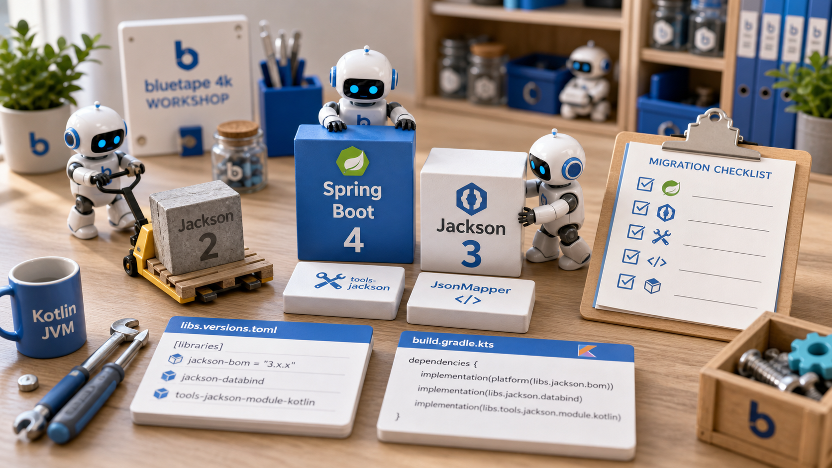 3D workbench illustration where robot builders move a Jackson 2 block aside and align Spring Boot 4, Jackson 3, tools.jackson, JsonMapper, and a migration checklist