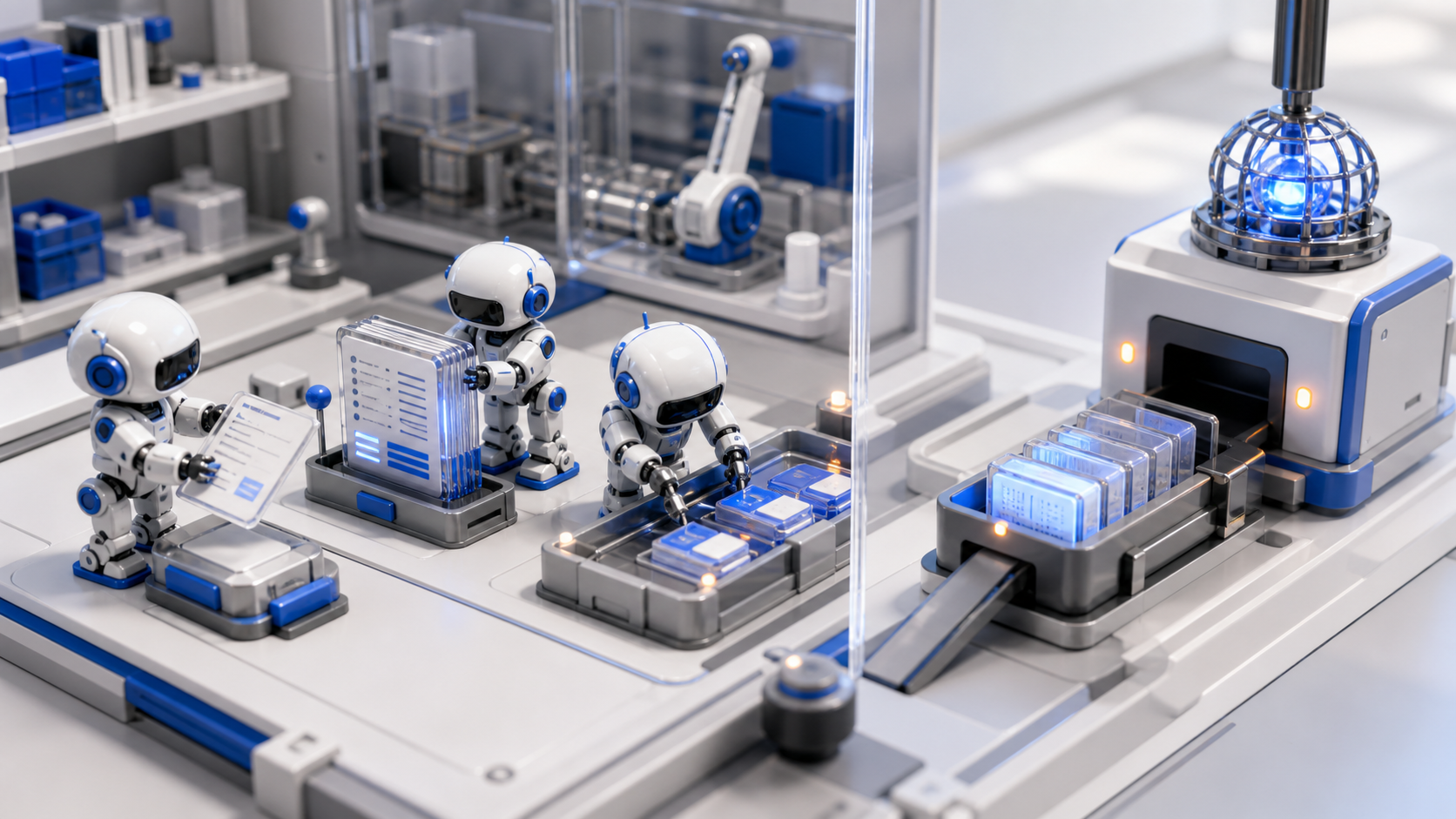 3D miniature of robotic engineers arranging an approved order, event publication ledger, fulfillment reservation, and external delivery boundary