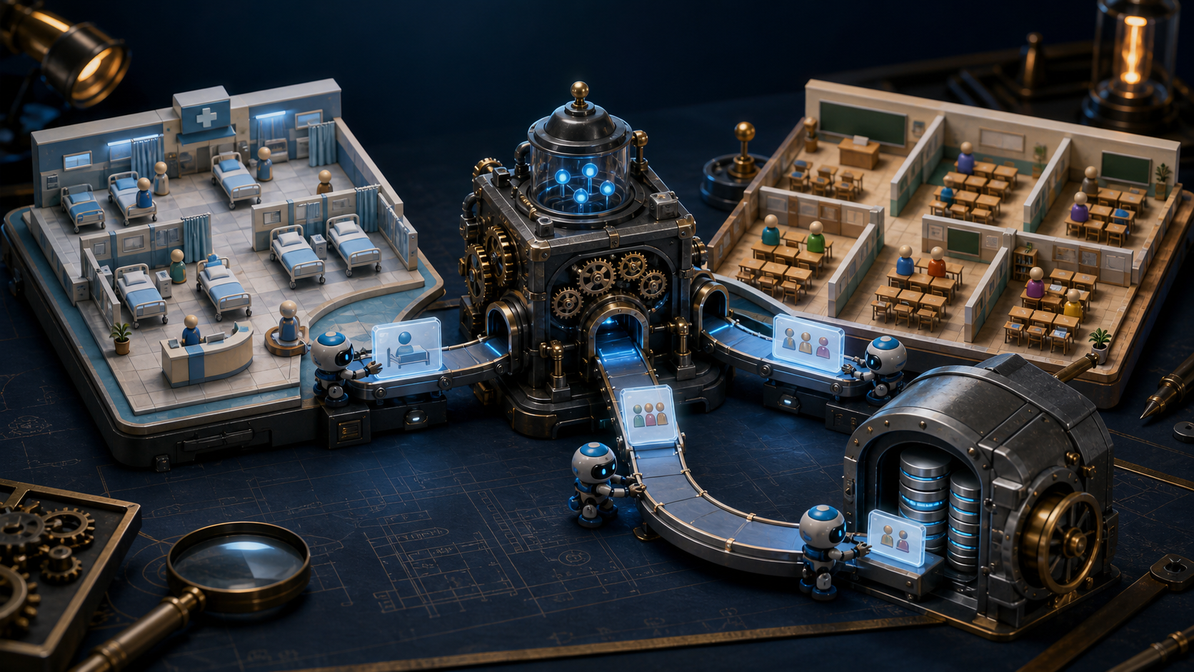 A dark 3D miniature workbench where results from a bed allocation board and a school timetable board pass through a central optimization machine into database storage