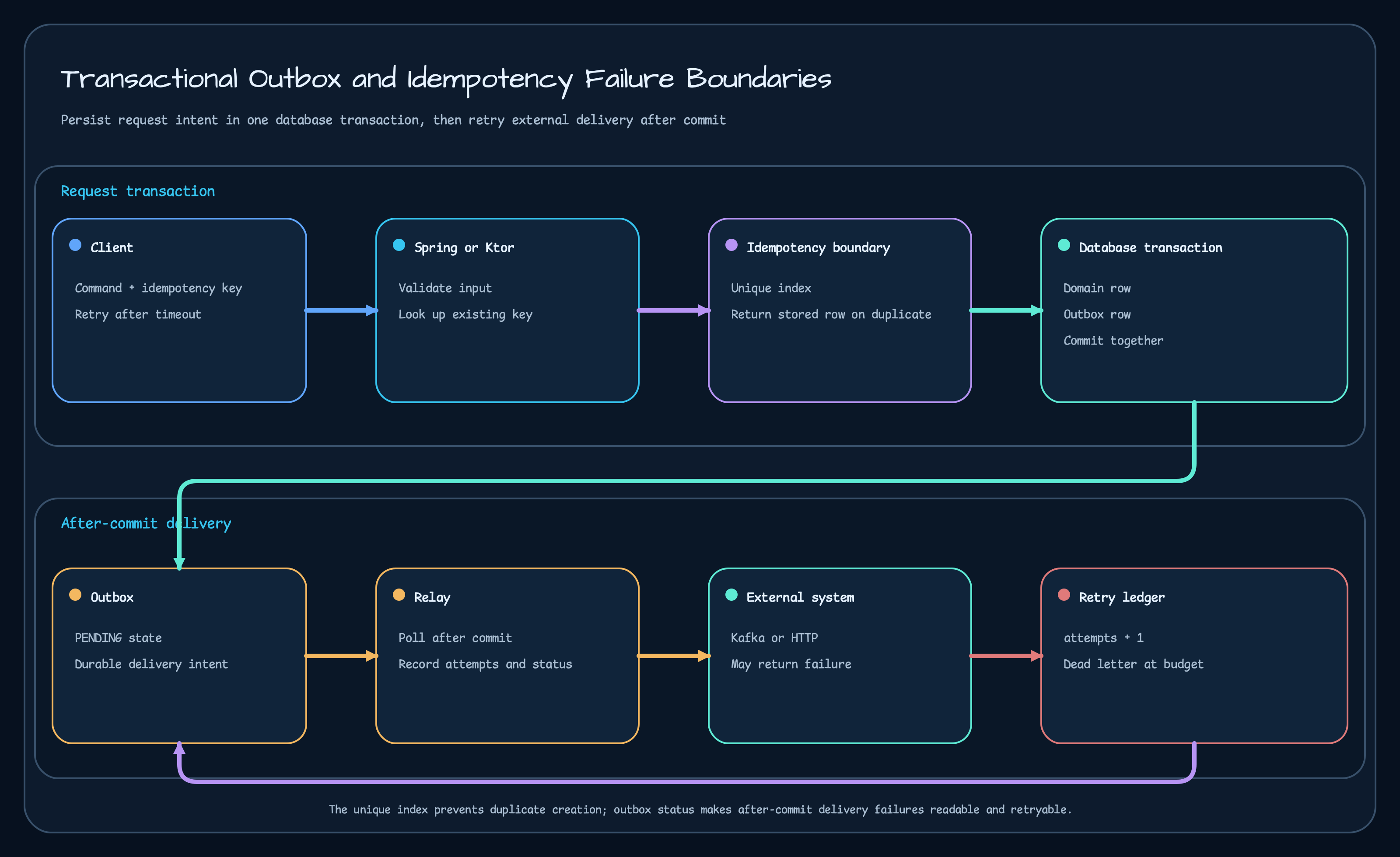 Transactional outbox and idempotency flow diagram showing client, Spring or Ktor service, DB transaction, outbox, relay, API, and retry path