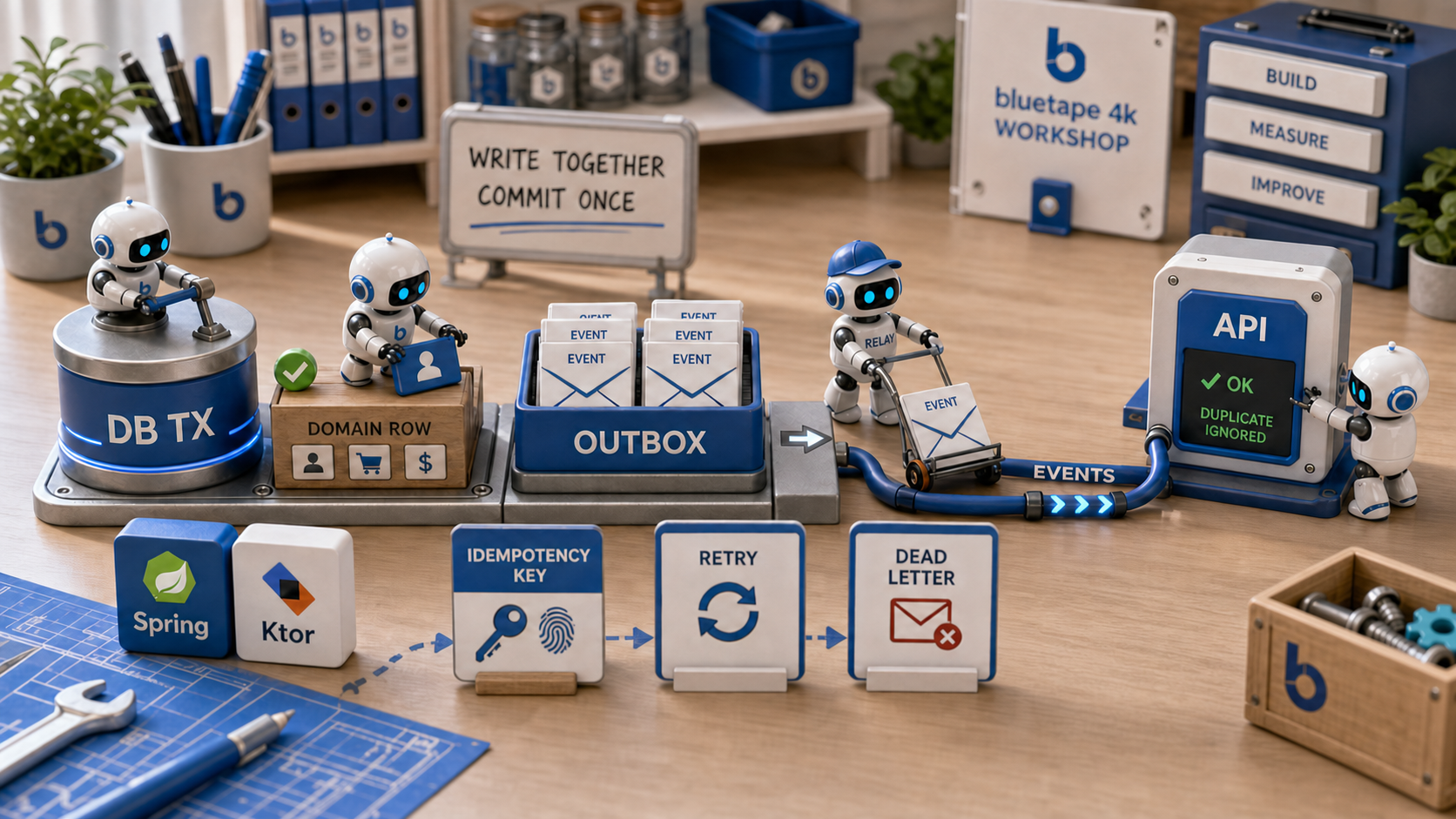bluetape4k 3D miniature workbench hero where robot builders assemble a DB transaction, outbox tray, relay robot, API block, idempotency key, and retry cards