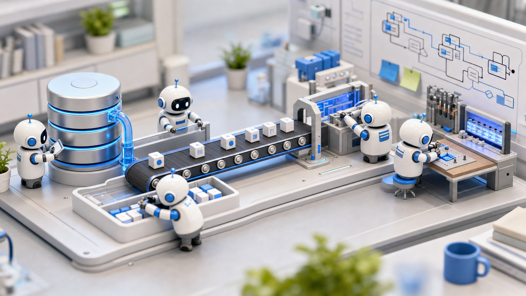 A 3D workbench illustration where small robot workers connect an orders database, Kafka conveyor, fallback outbox tray, and relay station
